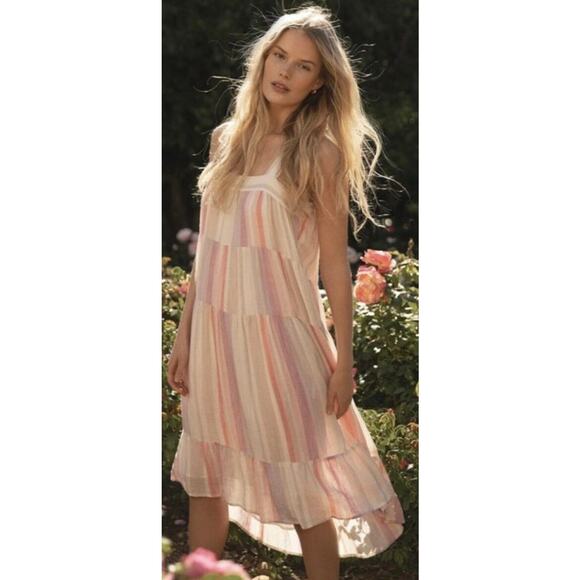 Rails Amaya Juliette Tiered Striped Tank Midi Dress Pink Linen Medium - Picture 1 of 13